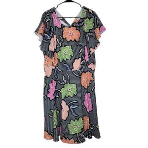 Eloquii Size 16 Striped Colorful Floral Print Short Flutter Sleeve A-Line Dress